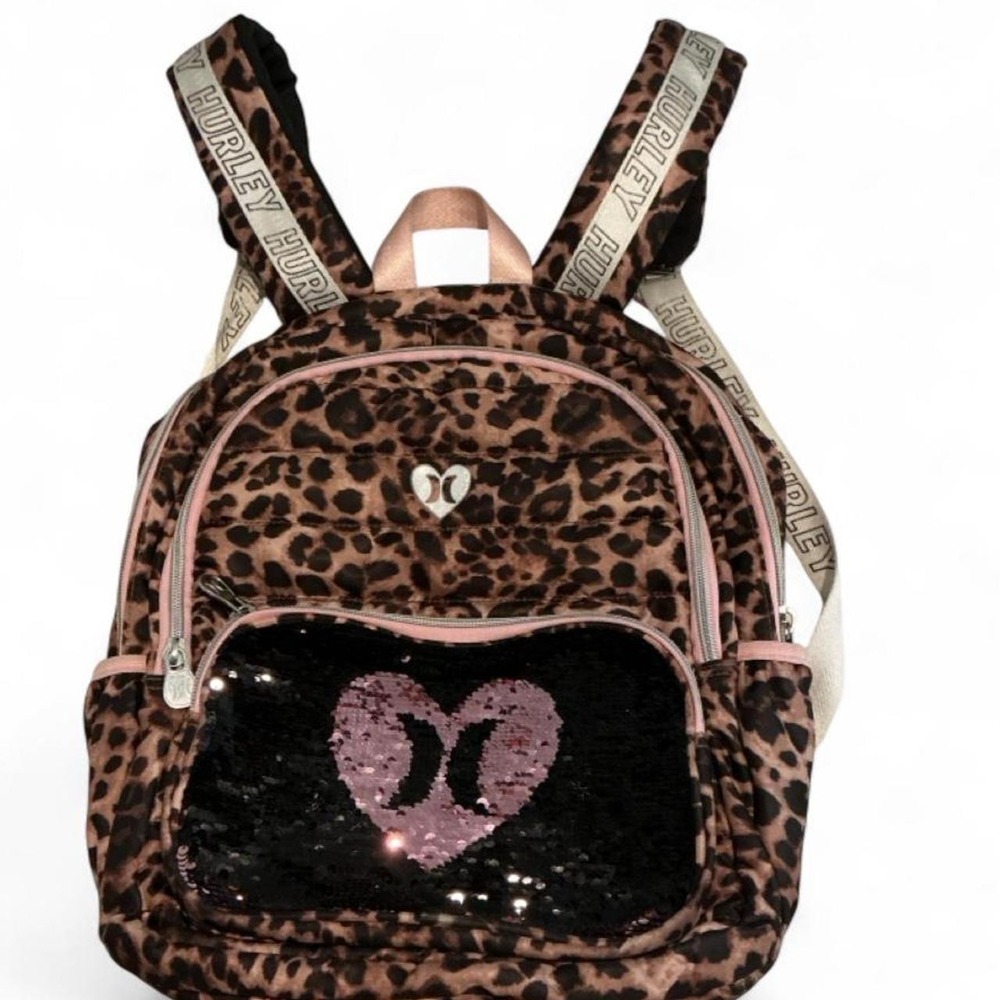 Hurley Backpack Kids One Size Brown Pink Leopard Print Sequin Heart